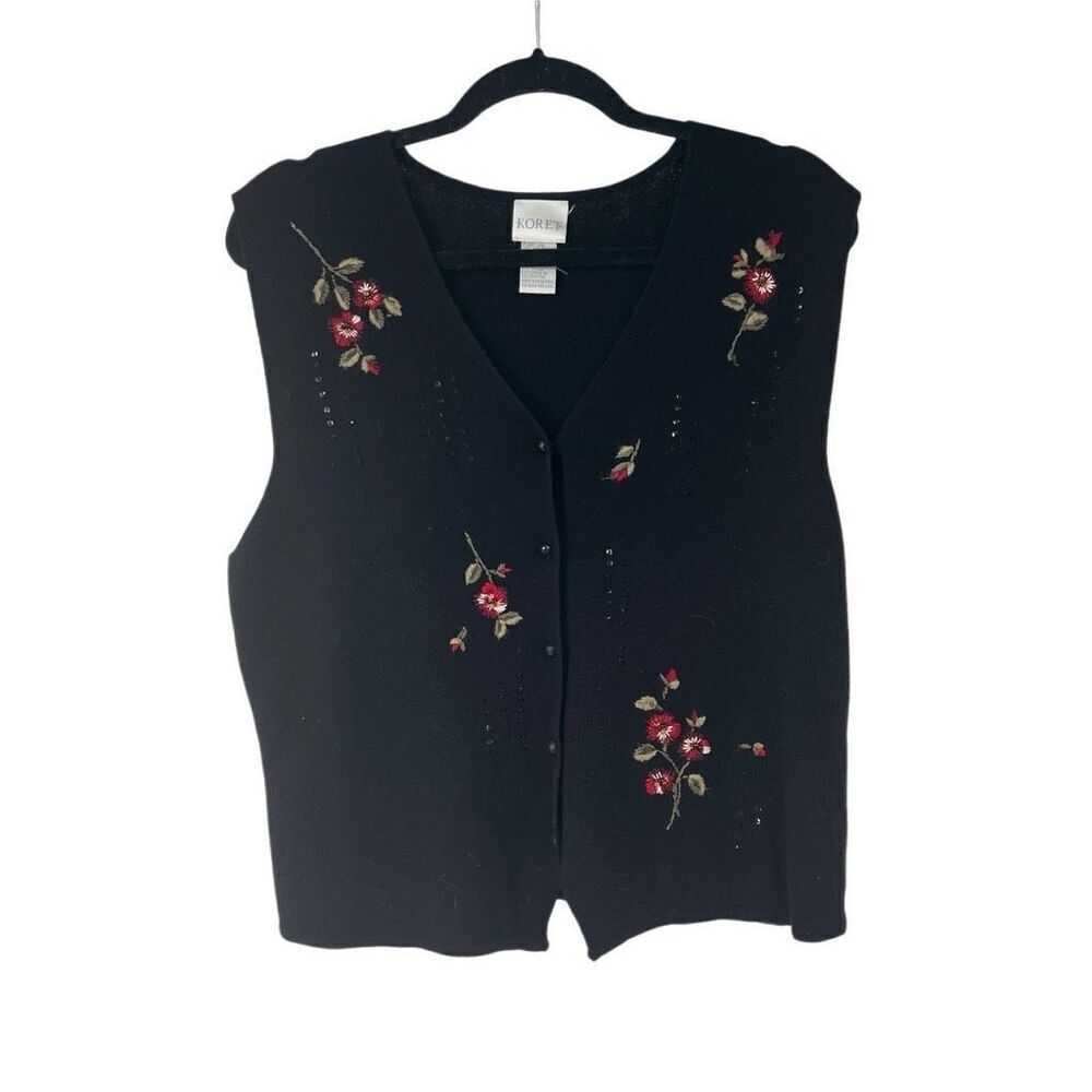 90’s Koret Black‎ Floral Shimmer Detail Sweater Vest Cardigan Sz M Women’s